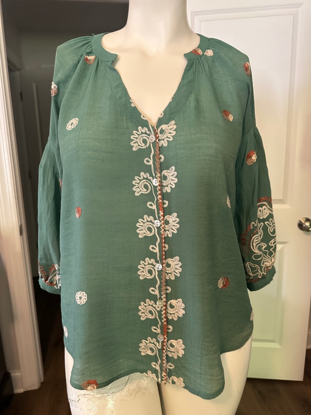 Embroidered Teal-Green Boho Tunic Top - Picture 4 of 17